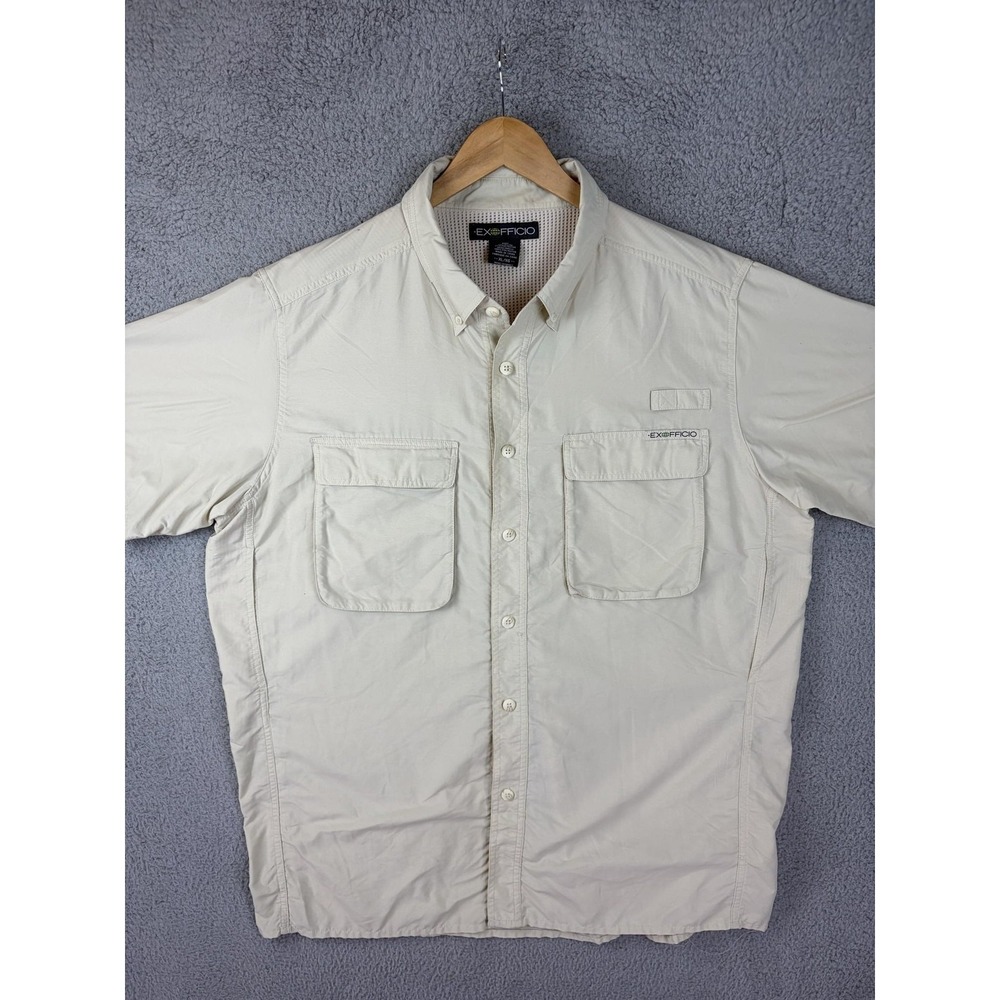 ExOfficio Shirt Mens XL Beige Short Sleeve Fishing Outdoor Safari Vented Mens